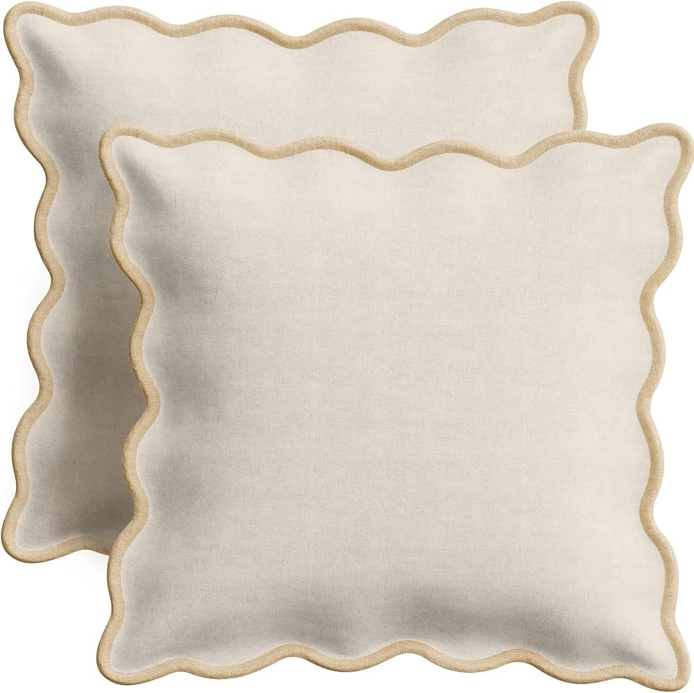 Scalloped Pillow Cover 18x18 Set of 2 | 100% Linen/Cotton Scallop Pillow Cover | Aesthetic Accent... | Amazon (US)