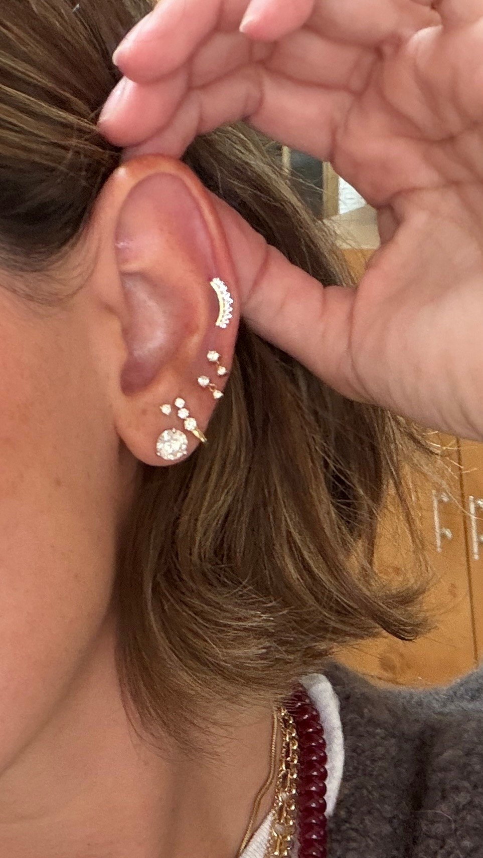 Ear stack! The front studs are from Petite G. Keep in mind it is fine jewelry meant to be worn all day every day!