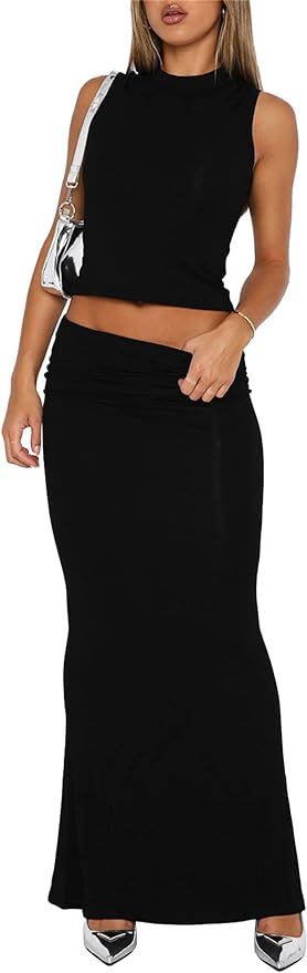 Two Piece Skirt Set for Women 2 PC Y2K Outfits Long Sleeve Tshirts Tops Bodycon High Waist Maxi S... | Amazon (US)