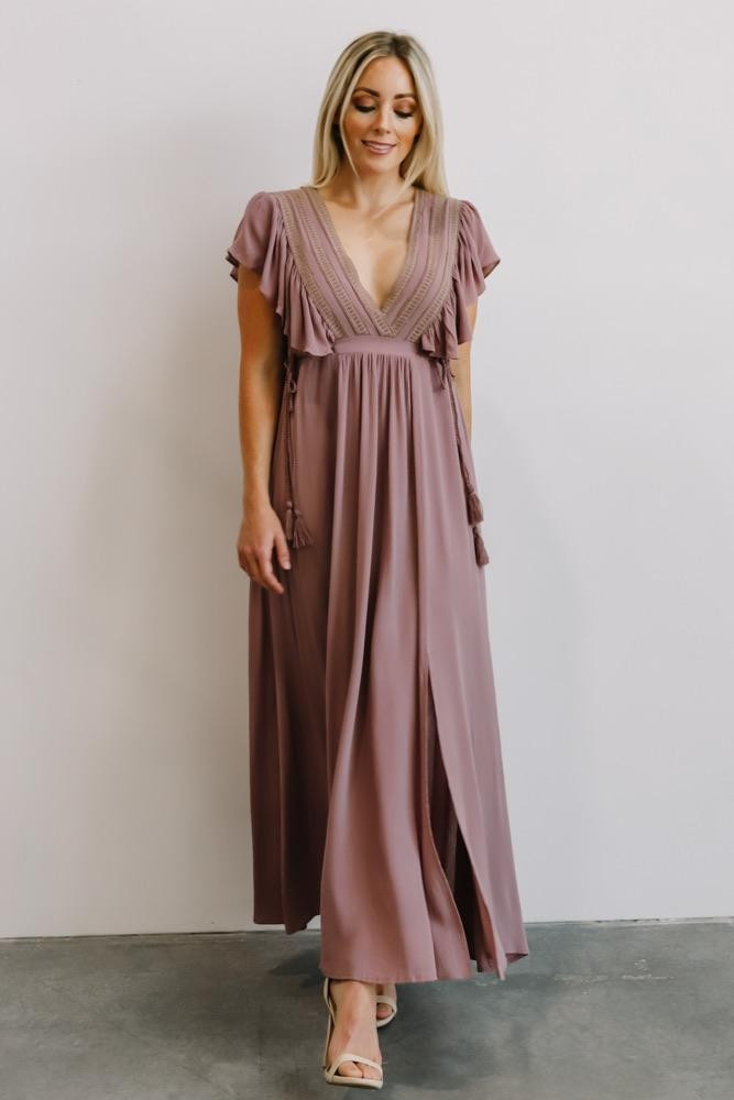 Jennifer Dusty Mauve Deep V Maxi Dress | Baltic Born