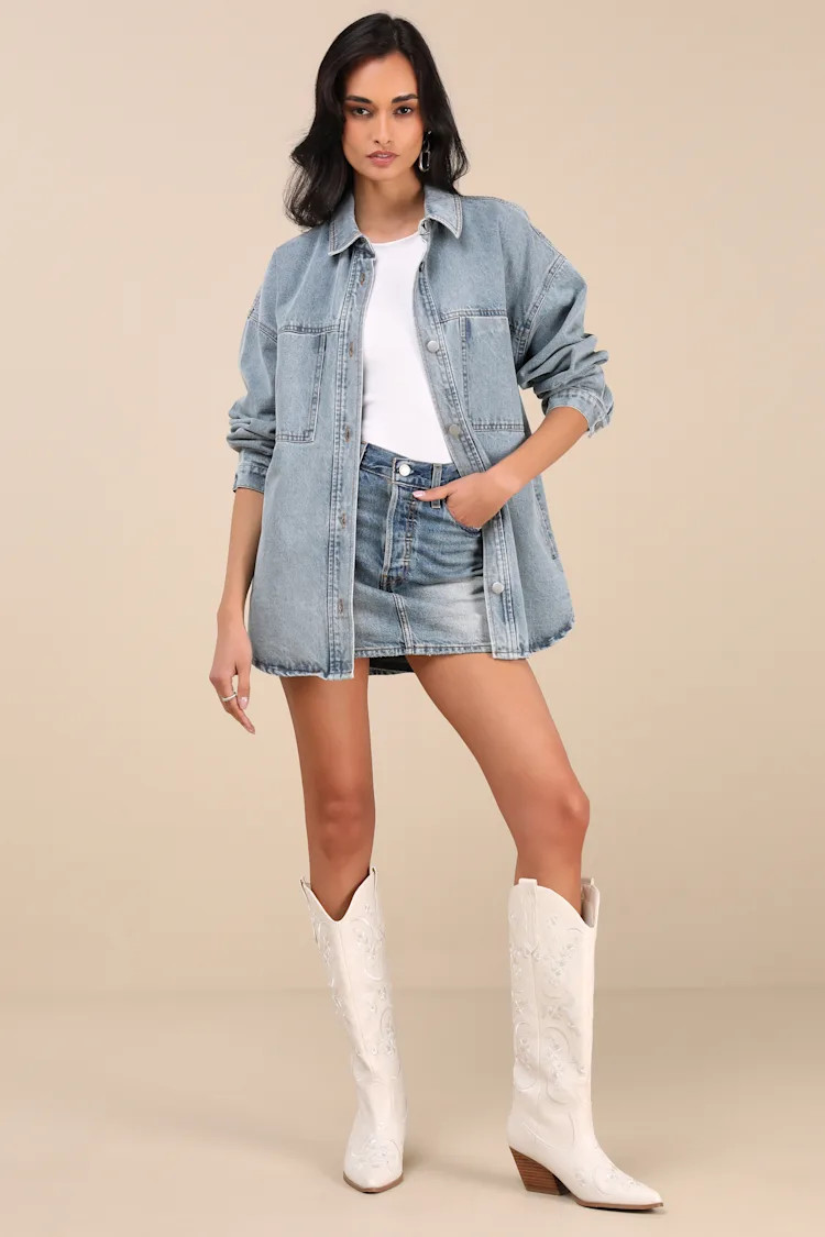 Callahan Light Wash Denim Oversized Shacket | Lulus