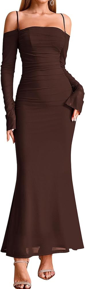 EYNMIN Women's Fall Wedding Guest Dresses Long Sleeve Spaghetti Strap Mesh Ruched Bodycon Maxi Fo... | Amazon (US)