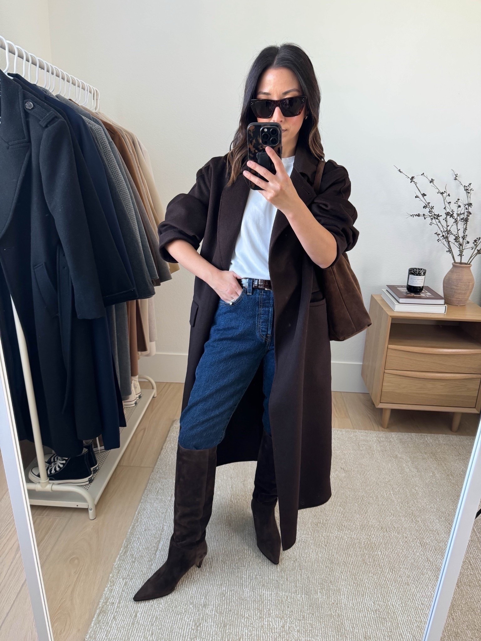 Fall outfit ideas with chocolate brown. 

These are the J.Crew Stevie Tall Boots. The shafts have gotten taller over the years, but these are truly the only heeled tall boots you need. I have them in black and brown and they're so comfortable, great shaft circumference. These hit my knee, but I don't mind. They're so elongating. 

Banana Republic coat petite xs (old)
Aritzia tee medium
J.Crew belt
Levi's 501 Crop 25
J.Crew Stevie Boots 5.5 
Liffner Pillow Hobo bag
Celine sunglasses

Fall outfits, fall style, petite style, boots 



#LTKPetite #LTKSaleAlert #LTKSeasonal