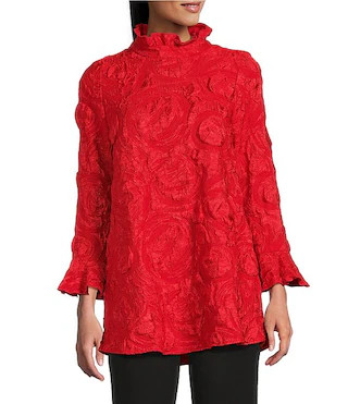 Textured Woven Ruffle Mock Neck Long Sleeve Tunic | Dillard's
