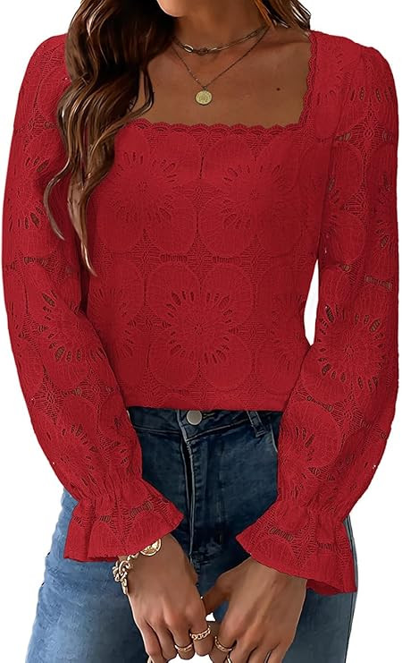 Blouses for Women Dressy Casual Eyelet Square Neck Long Sleeve Embroidered Lace Crochet Boho Tops... | Amazon (US)