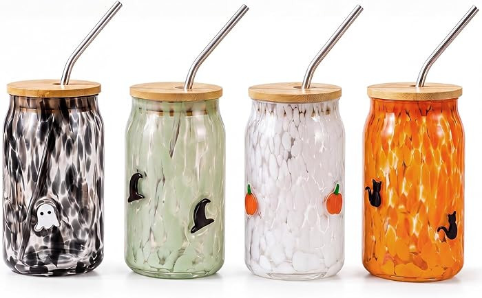 Vesici 4 PCS Halloween Icon Glass Cups, Ghost Pumpkin Cat Witch Hat 16oz | Amazon (US)