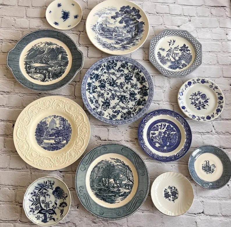 Mismatched Floral Transferware Plates- 12 Vintage Blue & White Plate Wall Decor | Etsy (Global)