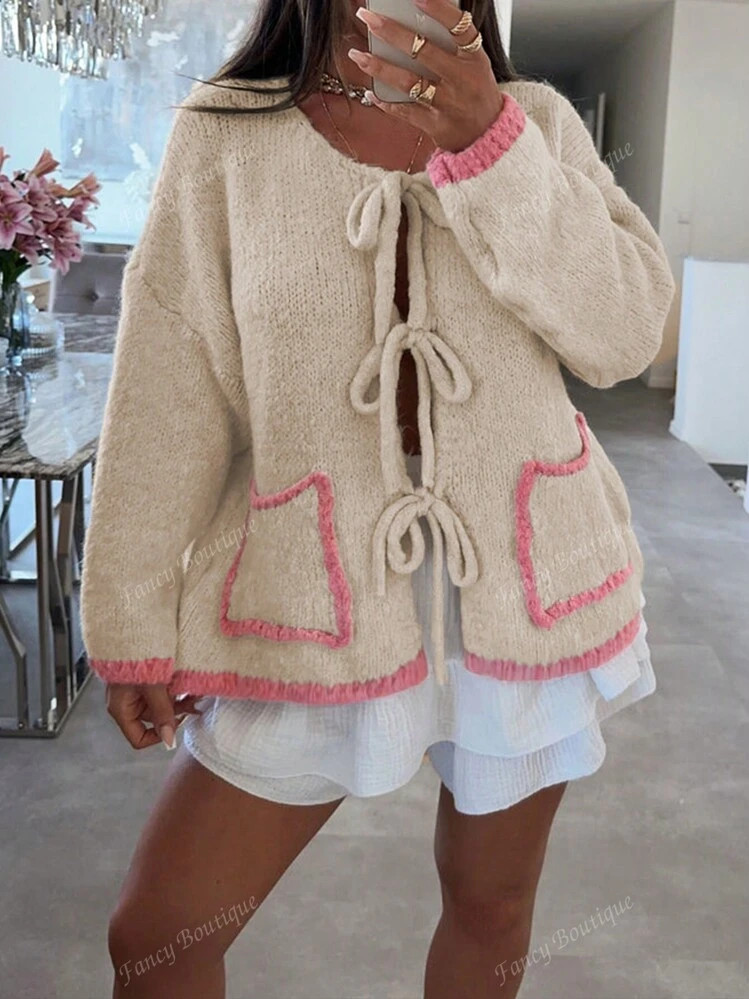 Autumn New Fashion Women Cardigan, French Style Knit Sweater, Front Tie, Color Block, Back To Sch... | SHEIN