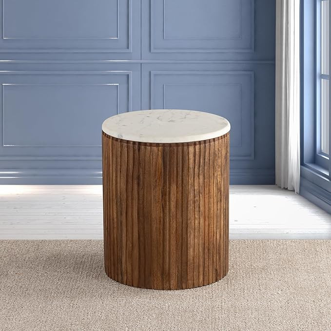 Round Marble Top Solid Mango Wood Decorative Cylindrical Base Side/End Table, Brown | Amazon (US)