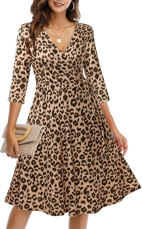 Wrap Dress for Women Casual V Neck Floral Party Swing A-Line Faux Wrap Dresses Midi Length | Amazon (US)