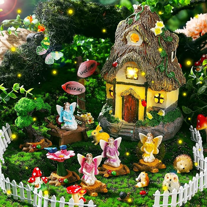 Leyndo 28 Pcs Solar House Garden Accessories Fairy Light up Fairy Figures Garden Kit Resin Miniat... | Amazon (US)