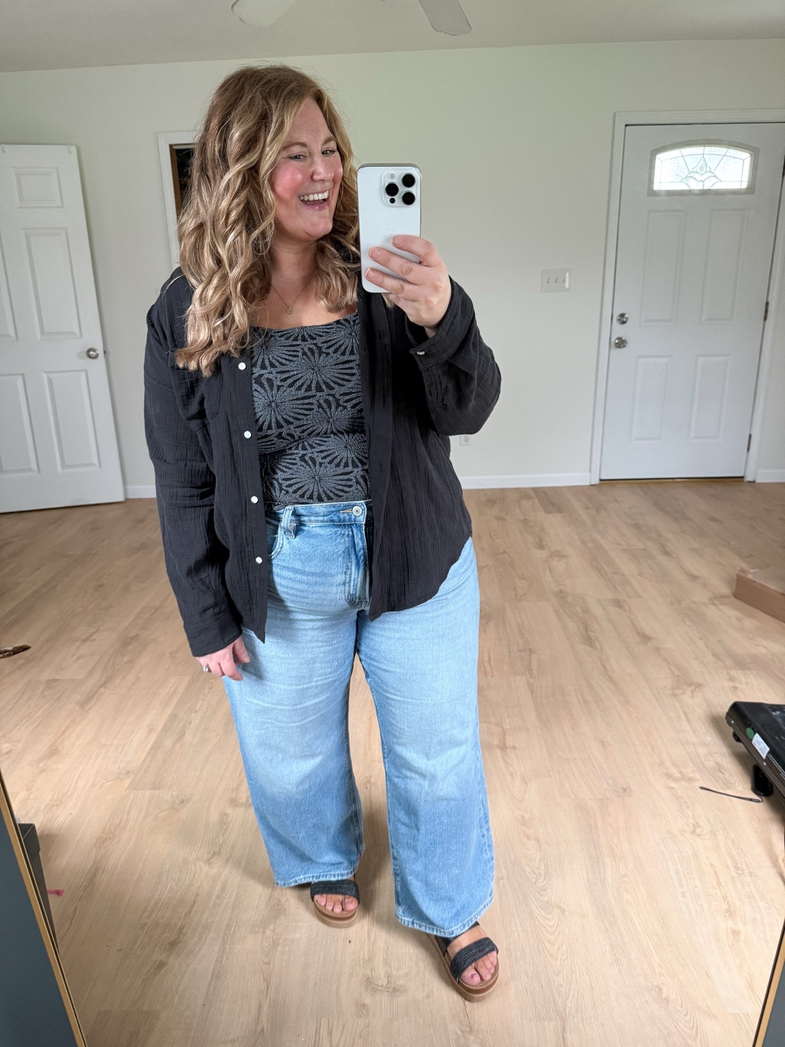 Wearing a large in my gauze button down, large in my tank, 18 short in my jeans

#LTKMidsize #LTKSeasonal #LTKSaleAlert