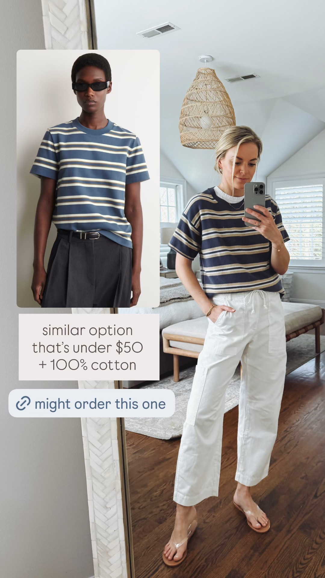 If looking for a more affordable option to the Jcrew sweater, this cotton tee is under $50. Might order it to try out. 
-small Jcrew sweater tee 
-26R pants, tts (15% off with code STYLEDSNAPSHOTS) 

striped tee, white pants, spring outfit 