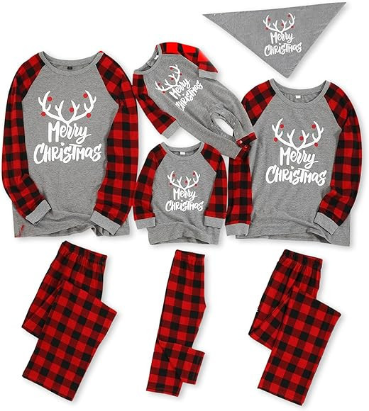 IFFEI Matching Family Pajamas Sets Christmas PJ's with Letter and Plaid Printed Long Sleeve Tee a... | Amazon (US)