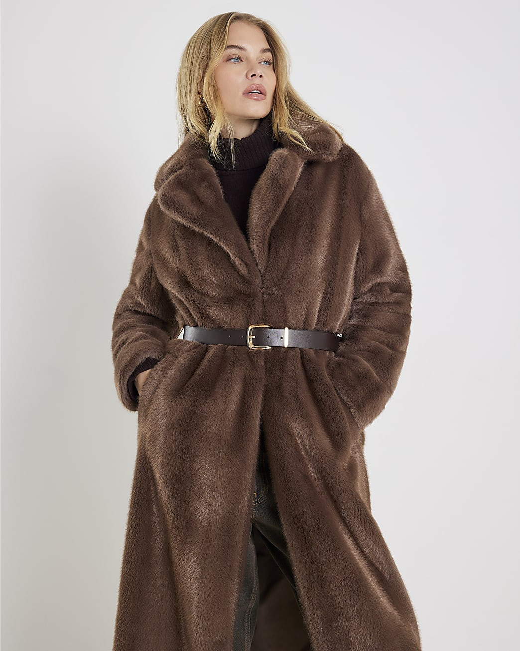 Brown Faux Fur Longline Belted Coat | River Island UK & IE