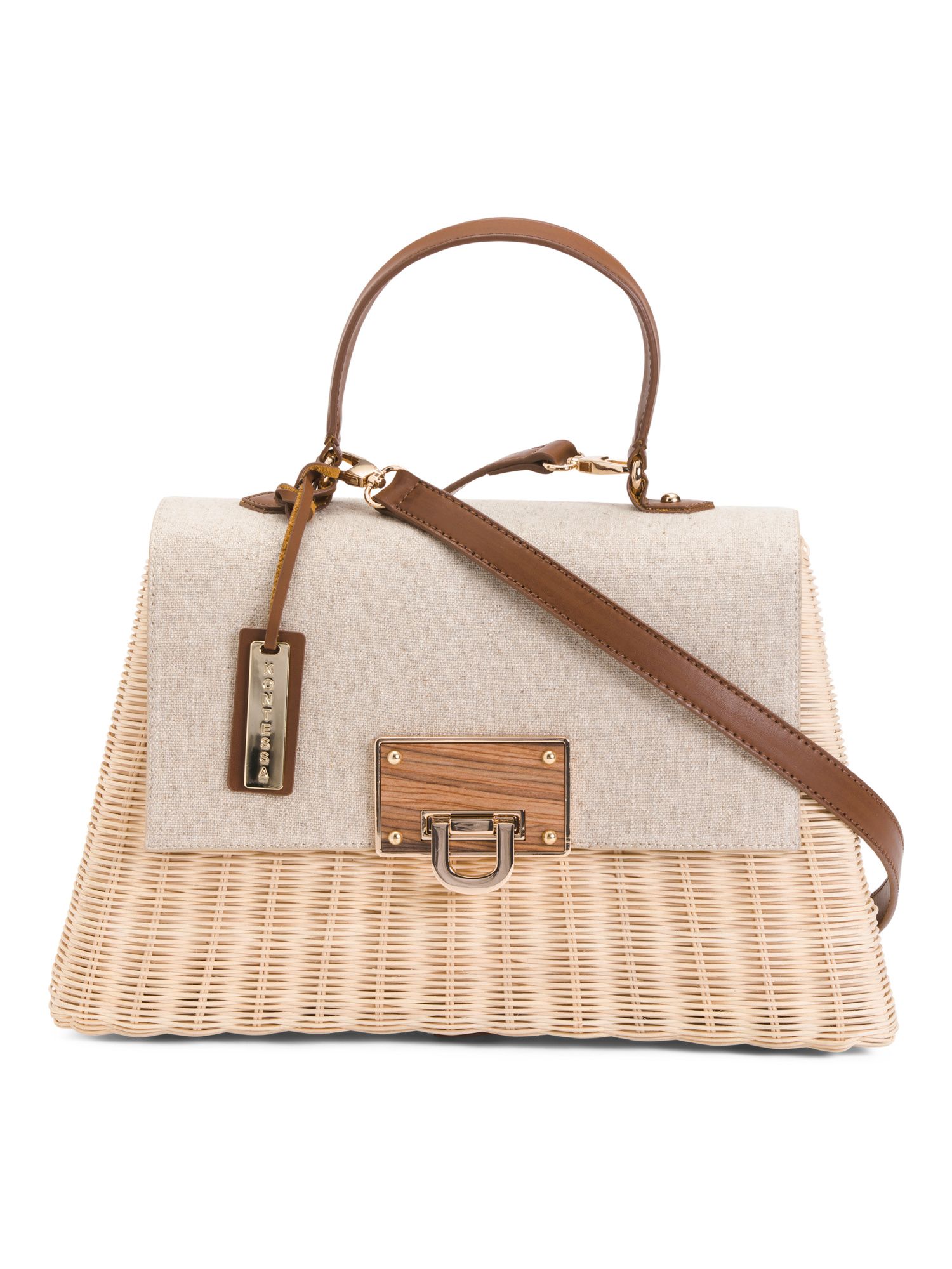 Made In Italy Rattan Picnic Satchel With Linen Flap | TJ Maxx