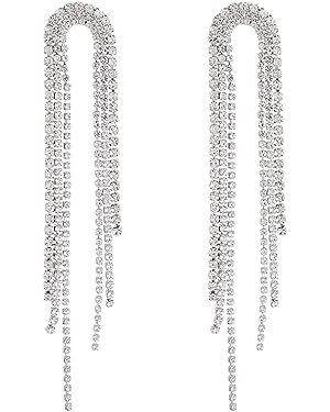 GBAHFY Fashion Long Tassel Crystal Drop Earrings for Women Geometric Full Rhinestone Earrings Sta... | Amazon (US)
