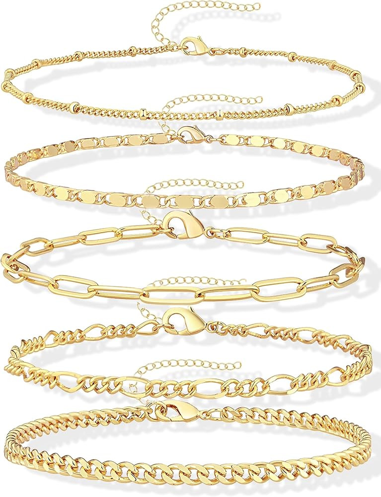 Ankle Bracelets for Women, 14k Gold Plated Jewelry Set Waterproof Layered Cuban Figaro Link Chain... | Amazon (US)