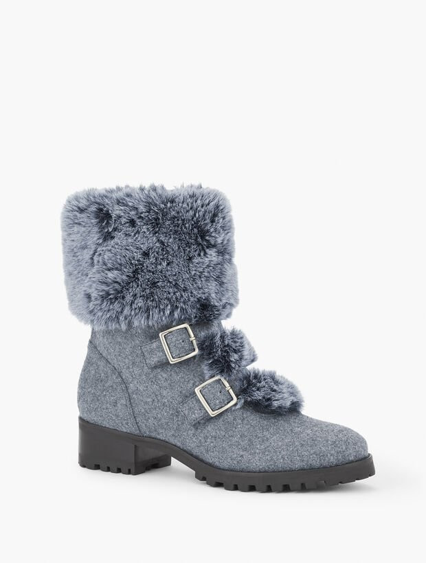 Tish Buckle Faux Fur Trim Flannel Ankle Boots | Talbots