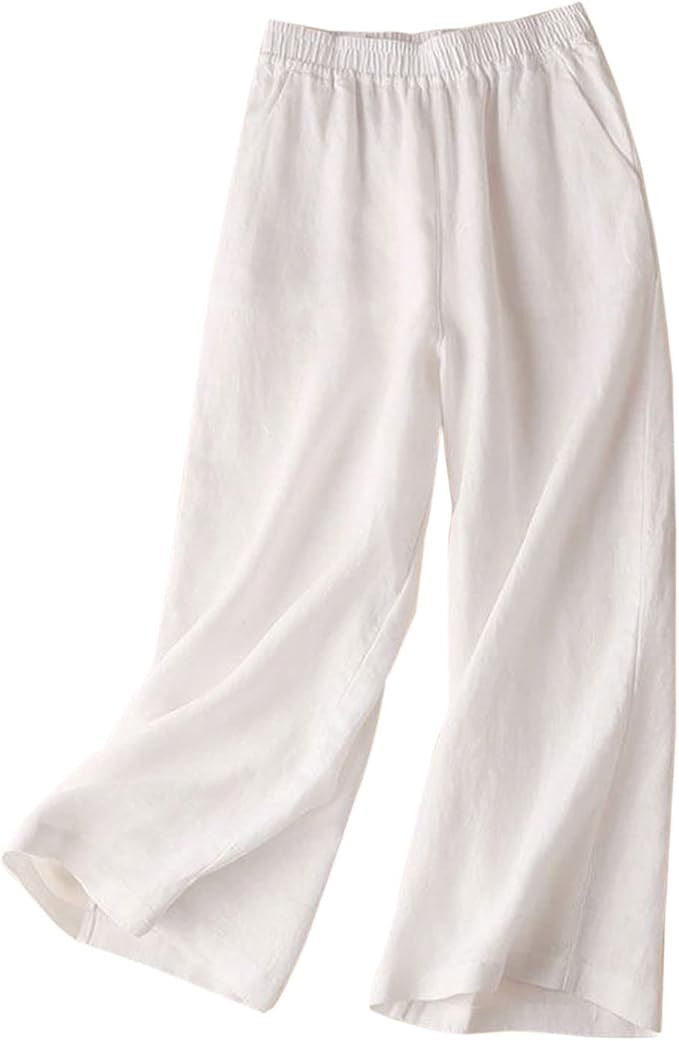 Women's 100% Linen Wide Leg Pants Casual Loose High Waisted Flowy Palazzo Trousers with Pockets | Amazon (US)