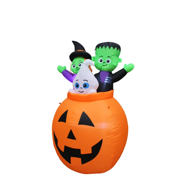 Pumpkin Basket with Baby Ghost, Witch and Monster Yard Halloween Inflatable | Wayfair North America