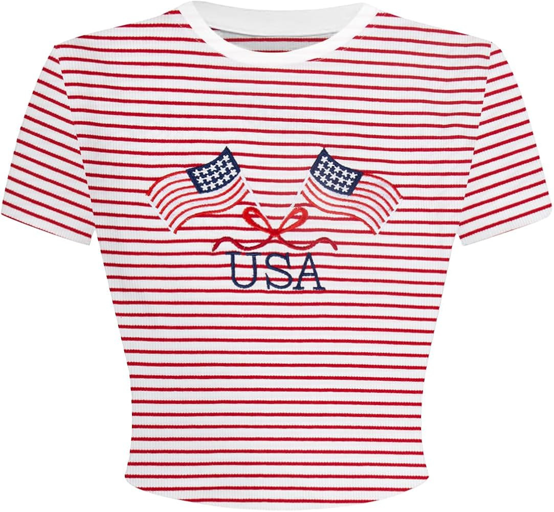 American Flag Shirts for Women USA Tshirt Teen Grils Patriotic Graphic Tees 4th of July Tops Stri... | Amazon (US)