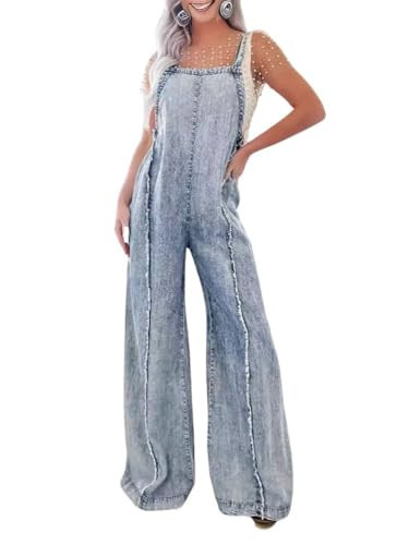 utcoco Denim Overalls for Women Casual Adjustable Straps Wide Leg Raw Hem Jeans Bib Overalls Jumpsuits (Small, Light Blue) | Amazon (US)