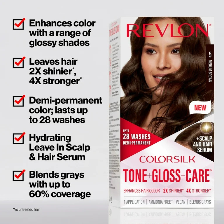 Revlon ColorSilk Tone + Gloss + Care Demi-Permanent Hair Color, 4 Dark Brown, 4.5 fl oz | Walmart (US)