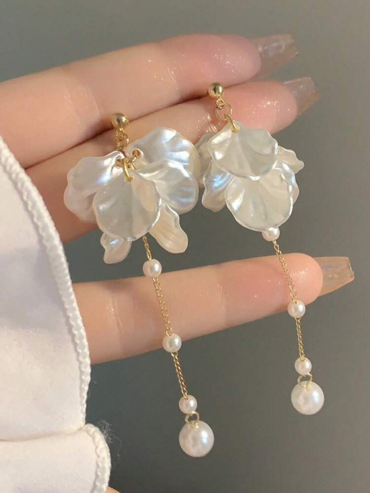 1 Pair Korean Ethereal Floral Petal Pearl Tassel Earrings, Elegant Girlish Sweet Earrings Accessories | SHEIN