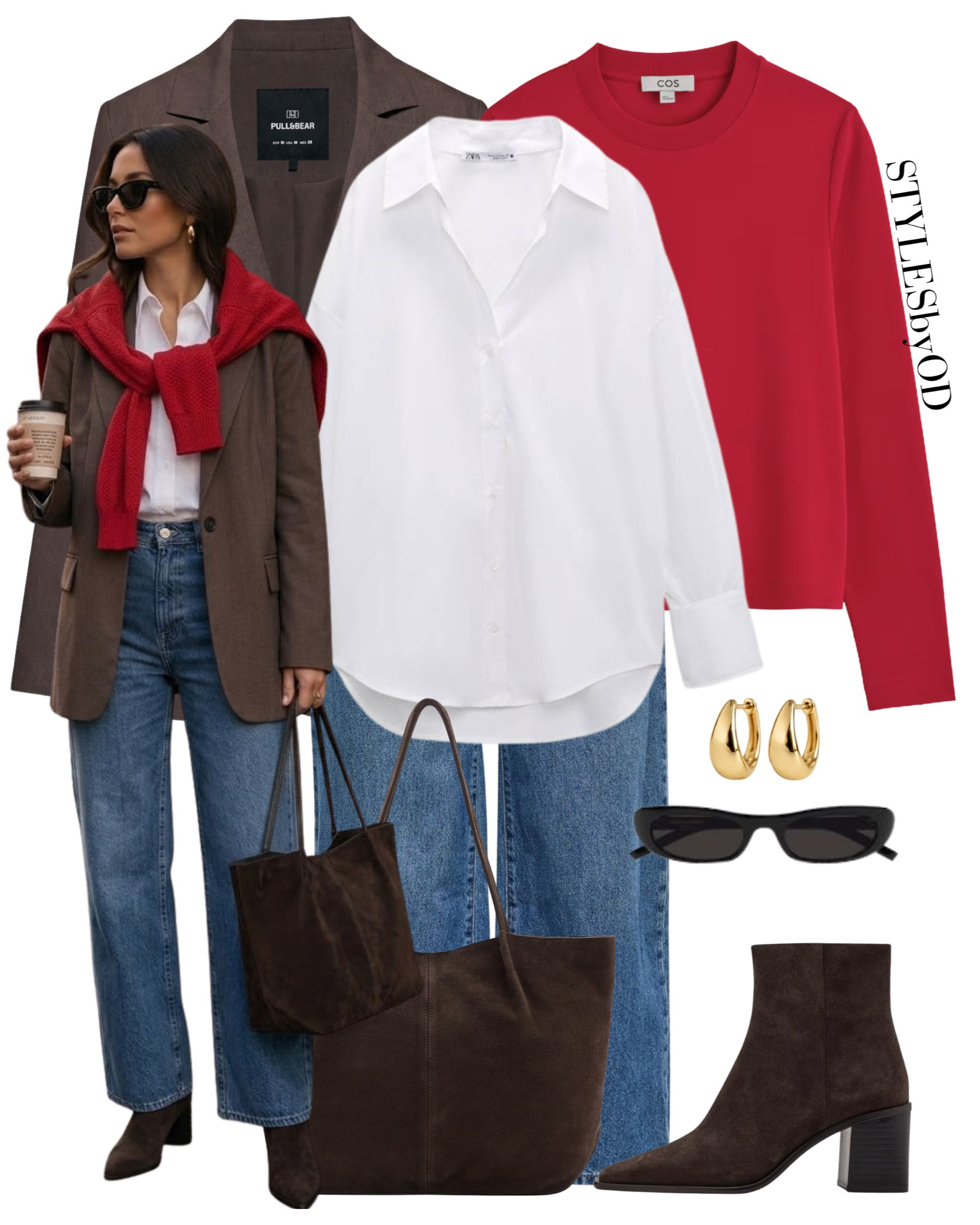 Elevated Layering: Brown, Denim & A Pop of Red☕️❤️

The chicest layering formula for casual days: drape a bold red knit over a tailored chocolate blazer and a crisp oversized white shirt✨ Paired with relaxed straight denim, rich chocolate suede boots, and a slouchy suede tote to ground the color pop🙌🏼

📌 Save this outfit to your wishlist & follow for daily curated high-street edits#LTKfashion #LTKshoecrush #LTKeveryday 
Fall outfits woman over 50, business casual styling, work wear inspo, fall shoes

#LTKstyletip #LTKworkwear #LTKautumn #LTKjeans