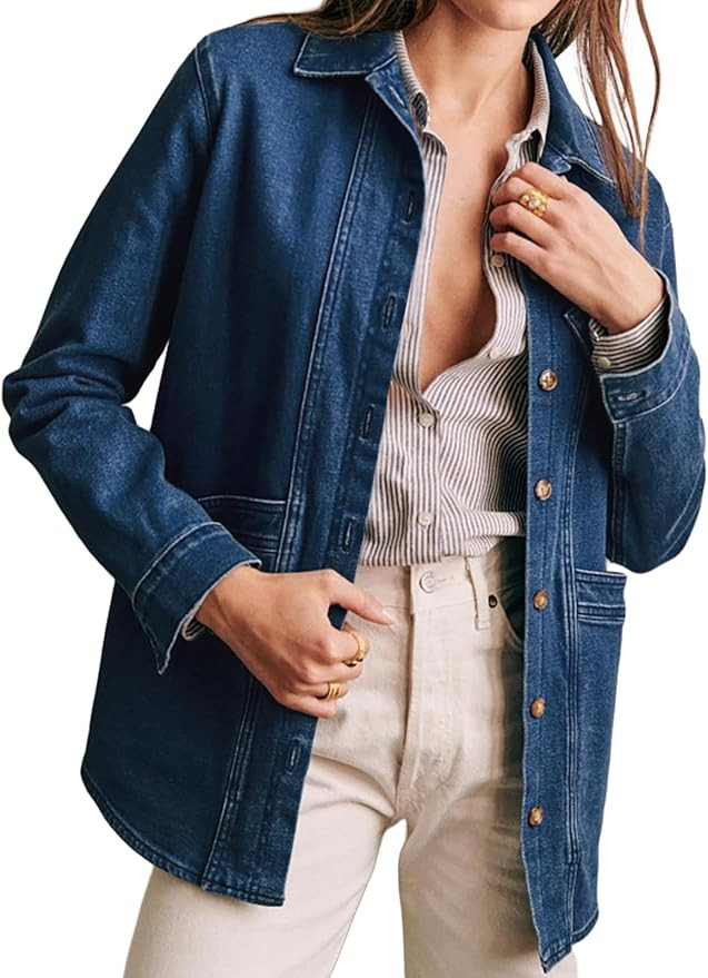 Fazortev Women's Oversized Buttoned Jacket Casual Long Sleeve Denim Boyfriend Coat Autumn Spring ... | Amazon (US)