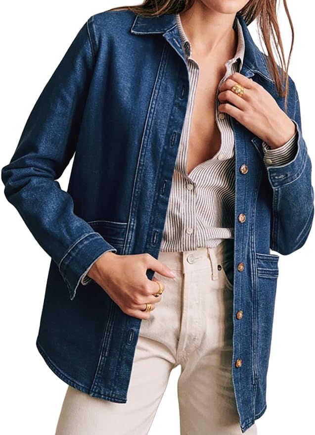 Fazortev Women's Oversized Buttoned Jacket Casual Long Sleeve Denim Boyfriend Coat Autumn Spring ... | Amazon (US)