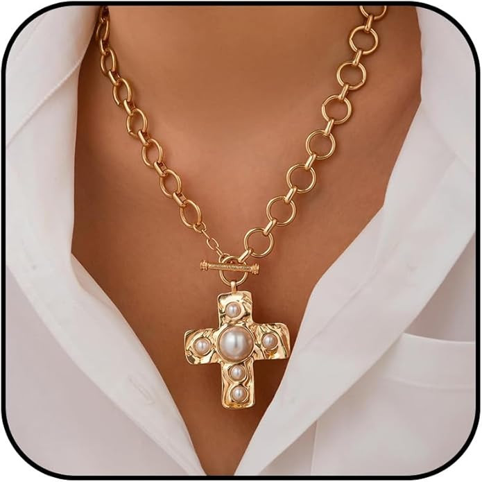 Chunky Cross Necklace for Women Statement Chunky Gold Necklace Pearl Cross Pendant Necklaces Laye... | Amazon (US)