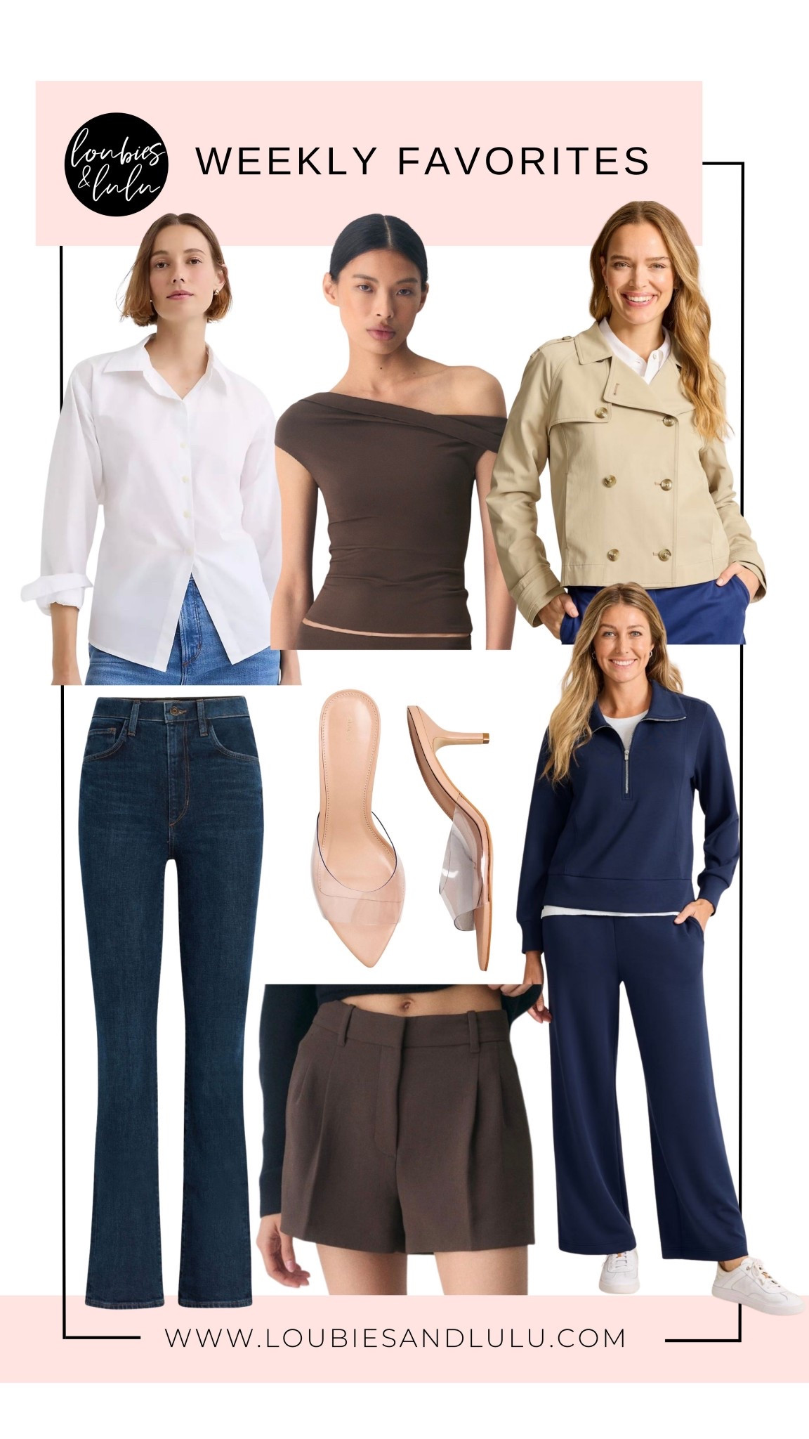 The best travel set, gorgeous brown top, and tailored shorts from Aritzia, leg lengthening, boot cut jeans, clear nude heels, cropped trench, and chic button-down top! 