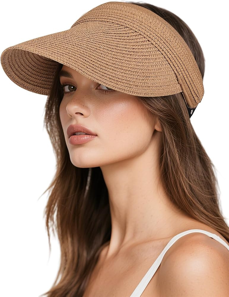 Sun Visor Hats for Women, UV Protection Straw Sun Hat, Packable Ponytail Beach Hat for Summer Tra... | Amazon (US)