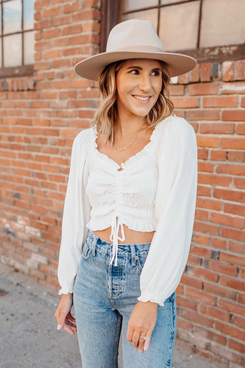 Puff Sleeve Ruched Front Ruffle Crop Top Inspired by Ashley from Twenties Girl Style | Inspired Boutique