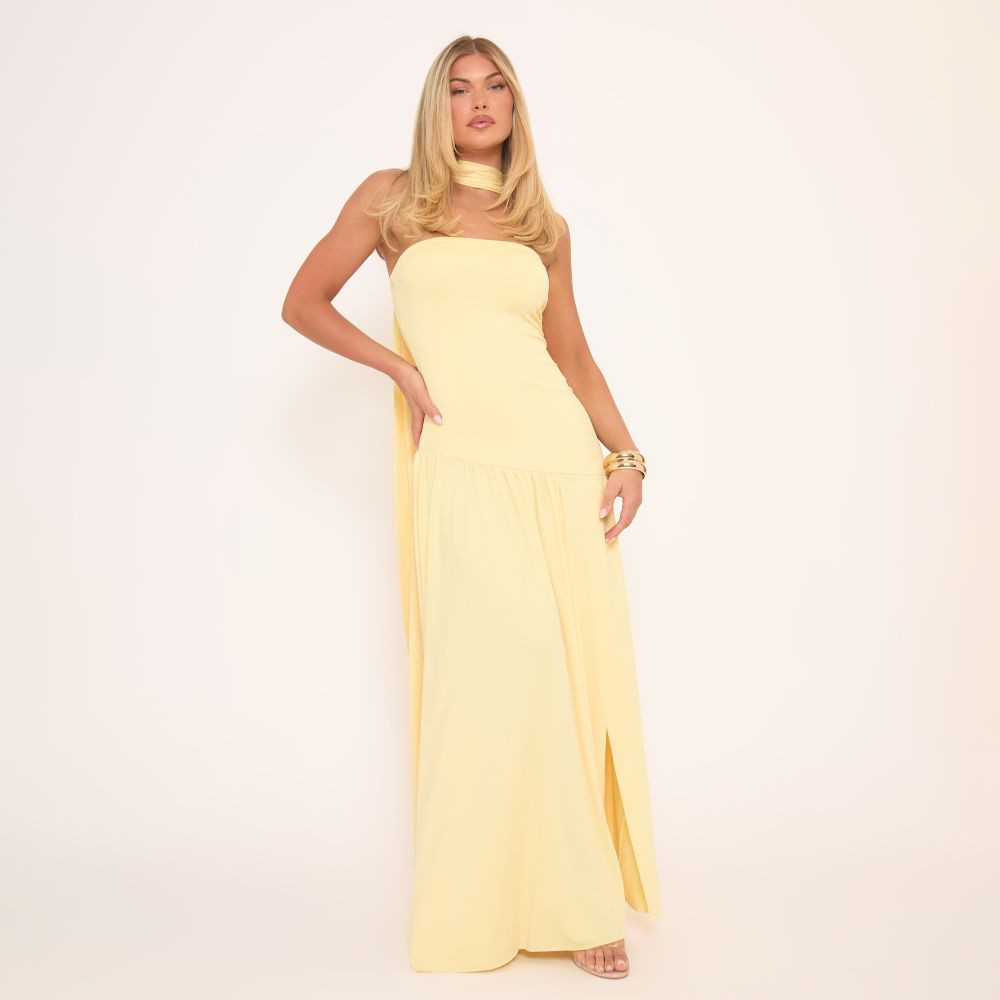 Bandeau Split Leg Maxi Dress With Scarf In Yellow | EGO (UK)