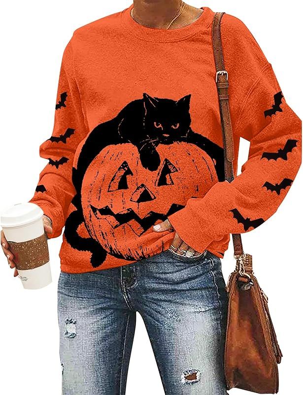 Black Cat on Pumpkin Sweatshirt Halloween Sweatshirts for Women Fall Pumpkin Face Tee Lightweight... | Amazon (US)