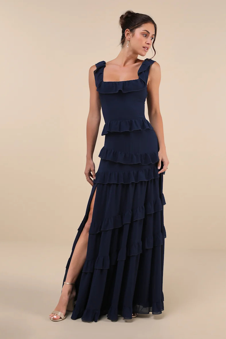 Compelling Romantic Dark Blue Ruffled Tiered Maxi Dress | Lulus