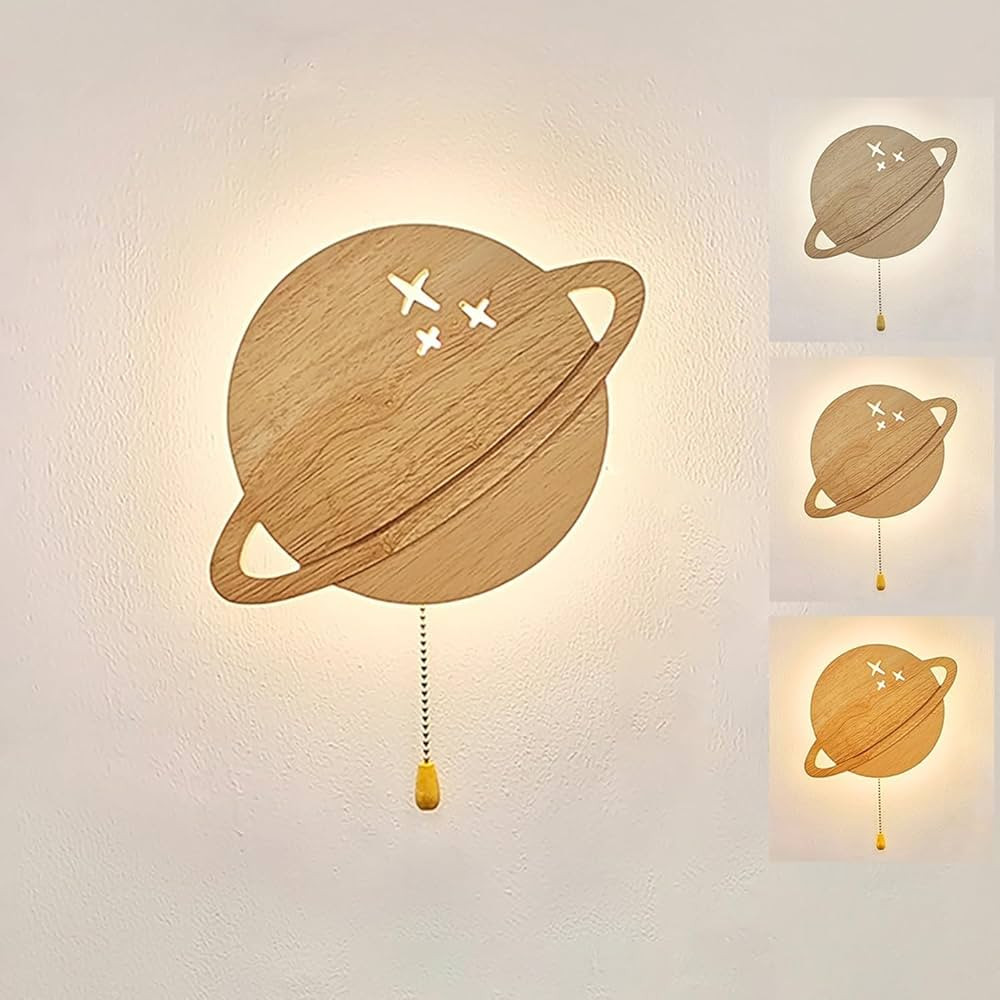 LED Wall lamp with Pull Switch Modern dimmable Bedside lamp Indoor Wood Planet Night Light for Ch... | Amazon (US)