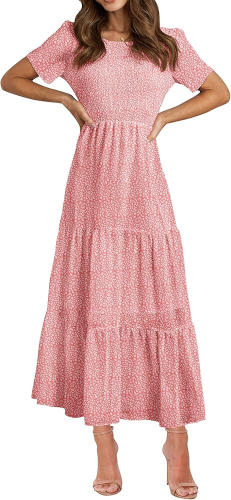 BTFBM Women Casual Short Sleeve Crew Neck Summer Dress Bohemian Floral Printed Flowy Maxi Dresses... | Amazon (US)