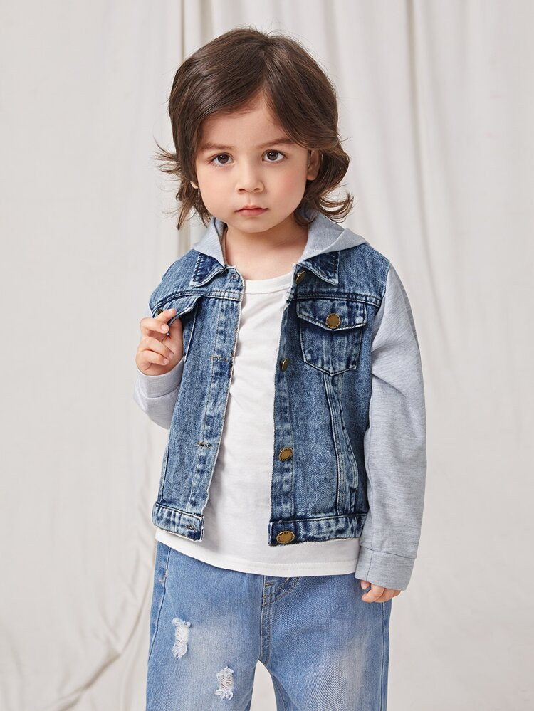 Toddler Boys 2 In 1 Flap Pockets Hooded Denim Jacket | SHEIN