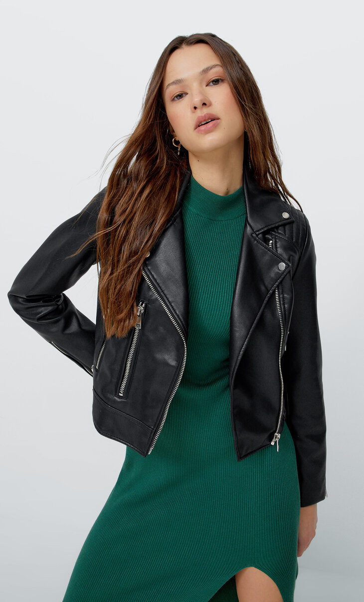 Blouson motard en similicuir - Mode femme | Stradivarius France | Stradivarius (FR)