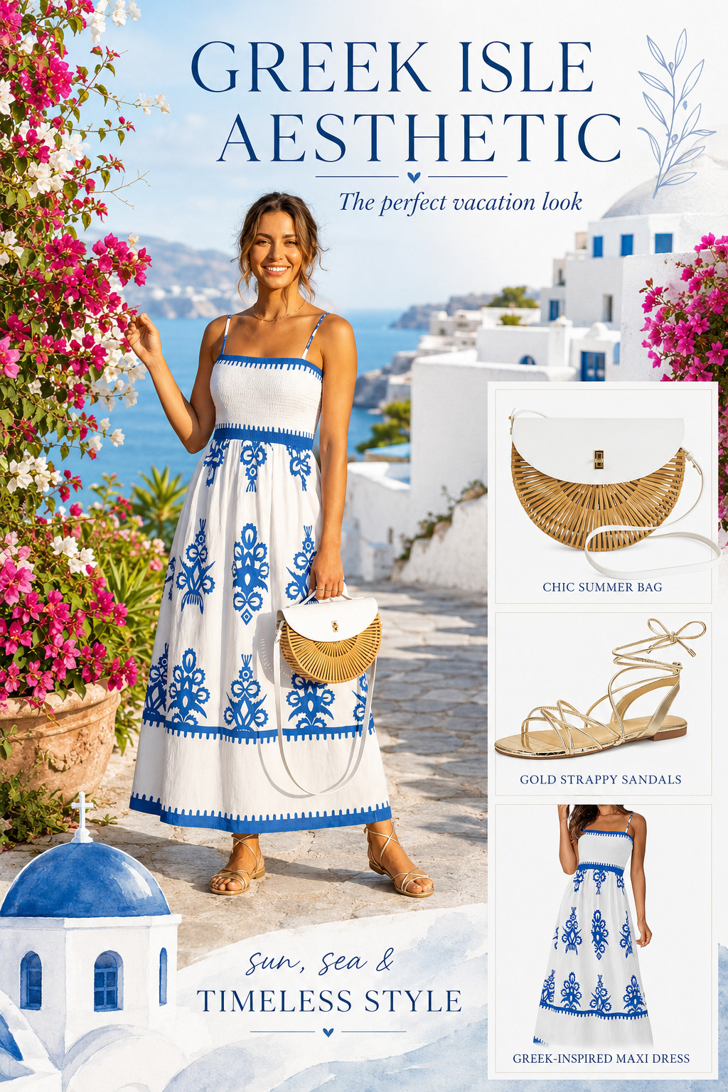 Greek isle vacation vibes ✨ This blue + white maxi dress is giving effortless coastal summer style, perfect for dinner by the water, resort nights, family photos, or a Mediterranean-inspired getaway. I paired it with gold lace-up sandals and the cutest woven white bag for an easy, elevated vacation look.

Linking the full outfit here, dress, sandals, and bag included! 🤍💙 

 #LTKtravel #LTKstyletip #LTKsummer #vacationoutfit #greekisleaesthetic #resortwear #summerdress #vacationstyle #amazonfashion #coastalstyle #LTKootd #LTKTravel #LTKWedding