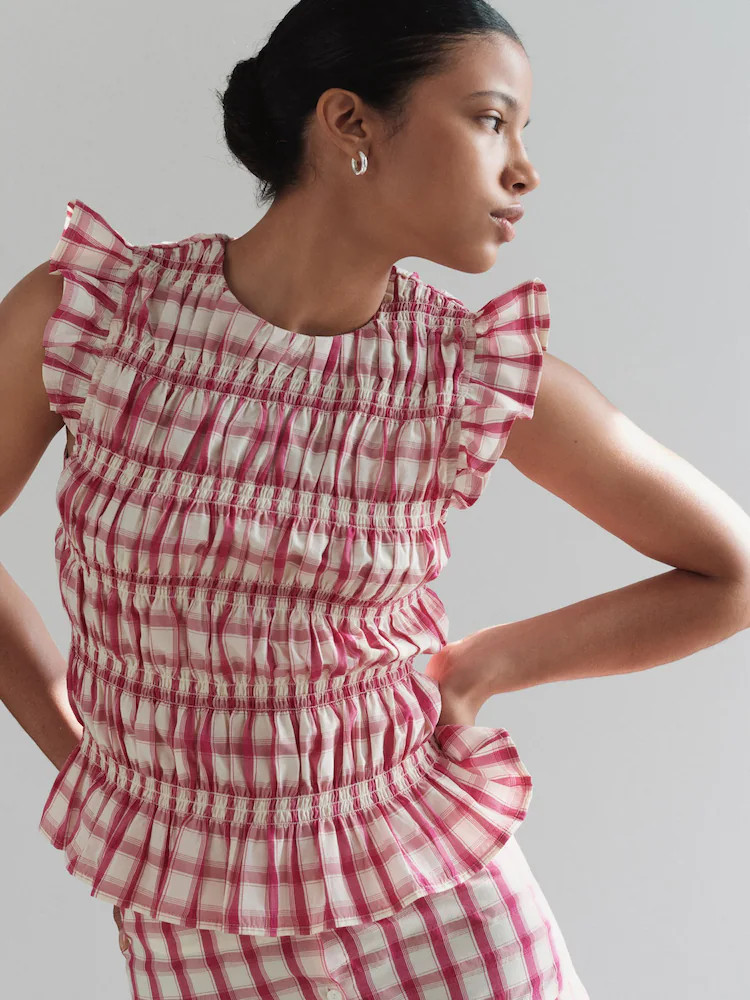Pink/Cream Gingham Smocked Flutter Sleeve Top | Next US