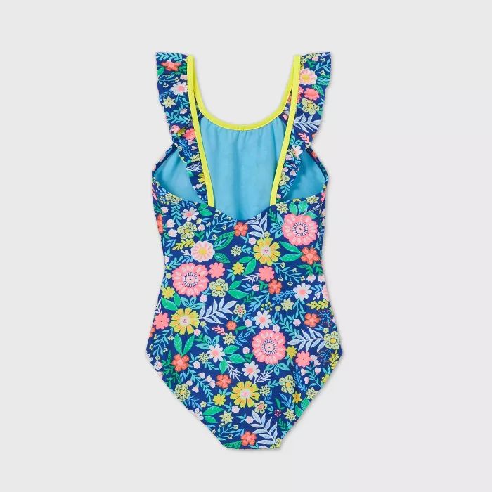 Girls' Floral Print Ruffle Sleeve One Piece Swimsuit - Cat & Jack™ Blue | Target