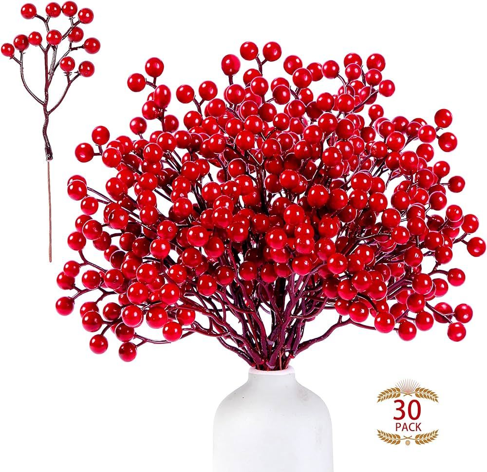 Sggvecsy 30 Pack Artificial Red Berry Stems 7.8inch Christmas Red Berry Picks Holly Berry Branche... | Amazon (US)