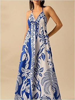 SHENHE Women's Summer Tropical Floral Halter Maxi Dress Open Back Empire Waist Flowy Boho Dress | Amazon (US)