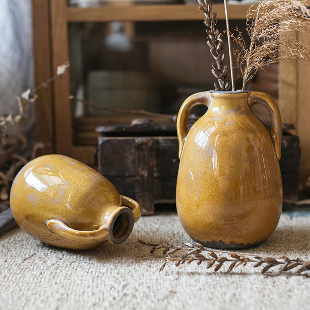 Ceramic Vase Yellow Glazed Ceramic Vase with Handles | Etsy (US)