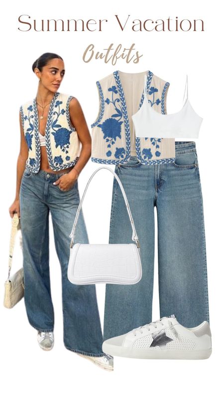 Summer vacation outfit, floral vest, bra top, jeans, white shoulder bag, summer outfits 

#LTKFindsUnder50 #LTKStyleTip #LTKTravel